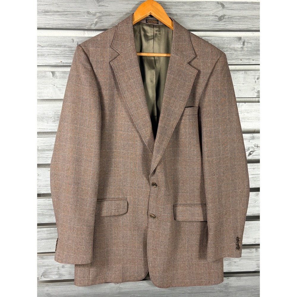 Vintage 70s John Blair Mens 40L Brown Plaid Blazer Sport Coat Leisure Suit